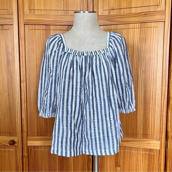 NWT Cafe Marrakesh Blue White Stripe Eyelet Elbow Length Square Neck Shirt Boho - Picture 3 of 9